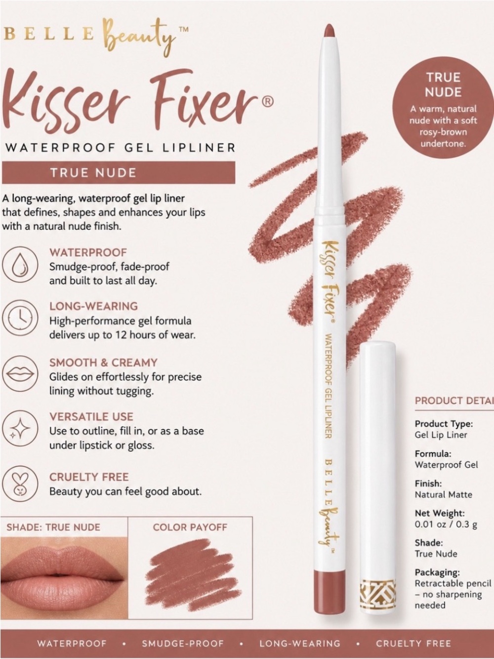 Belle by Kim Gravel 3 pack Waterproof Gel Lip Liner True Nude or Mauve Nude - Picture 3 of 9